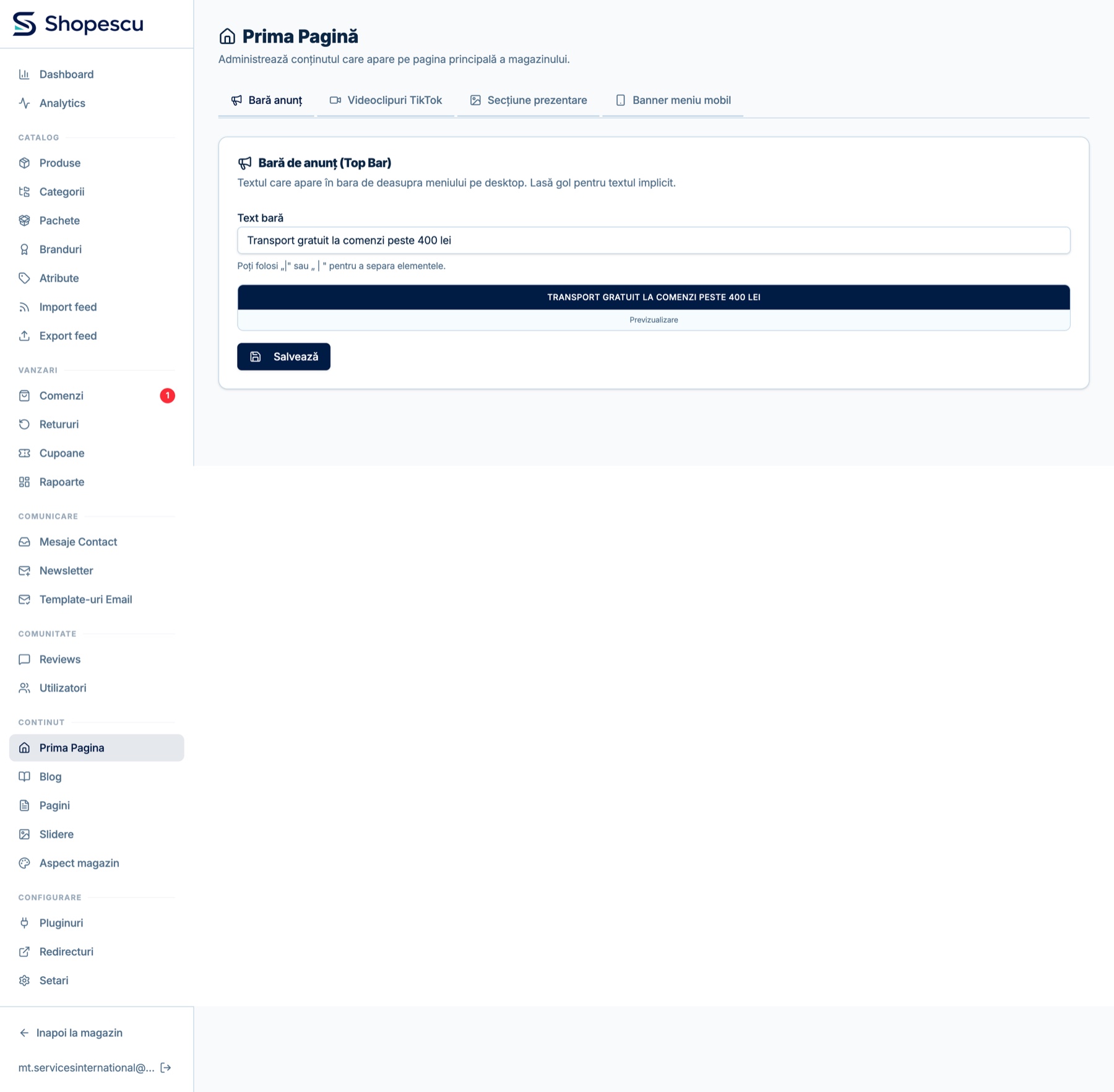 Homepage controlabil în platforma Shopescu